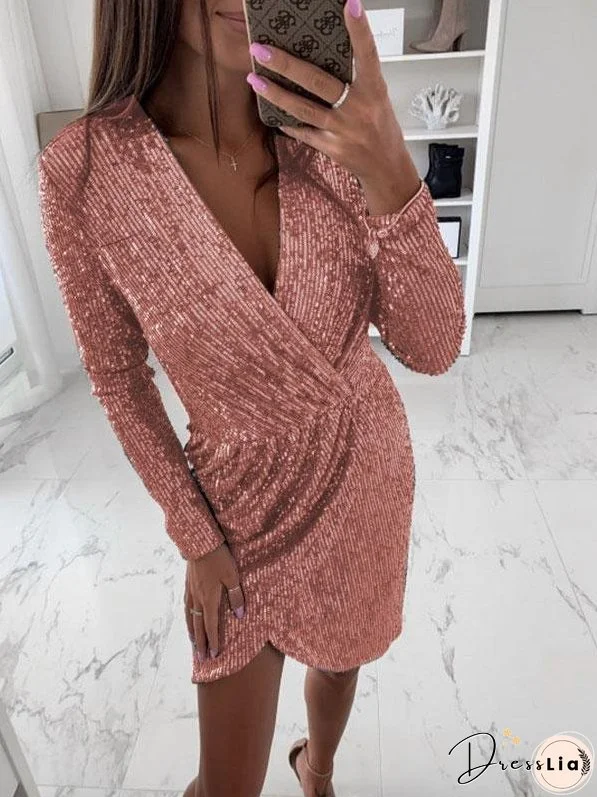 Women's Dresses Gilded Deep V-Neck Long Sleeve Irregular Mini Dress