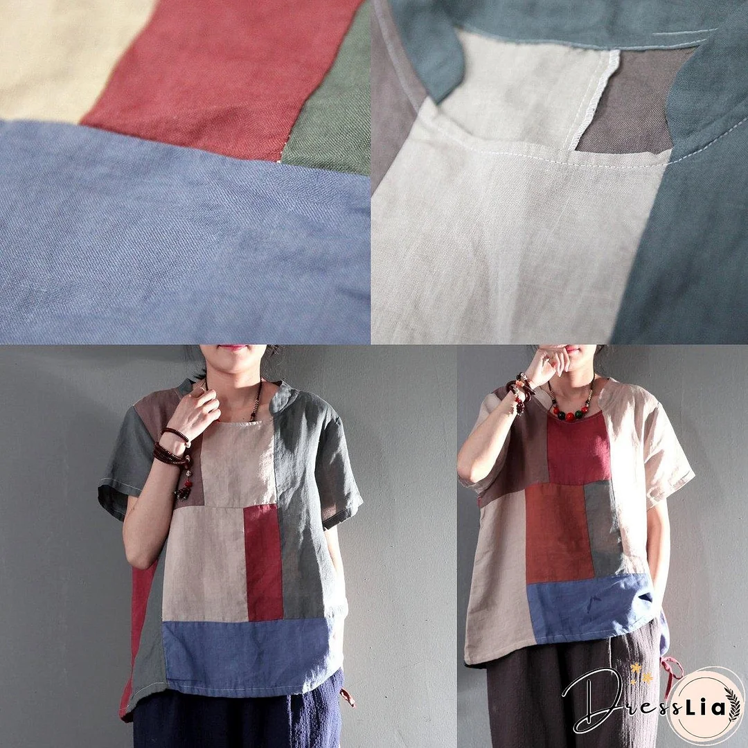 New gray patchwork women linen shirt plus size short blouse top