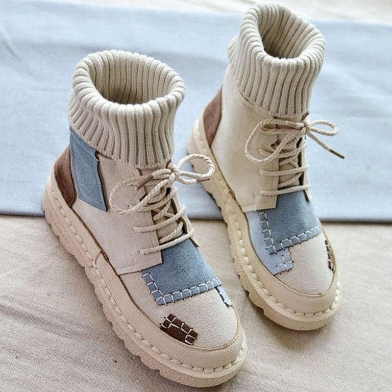 2020 New Autumn and winter explosions suede canvas color matching wild high-top Wool mouthboots women shoes 3 color women boots