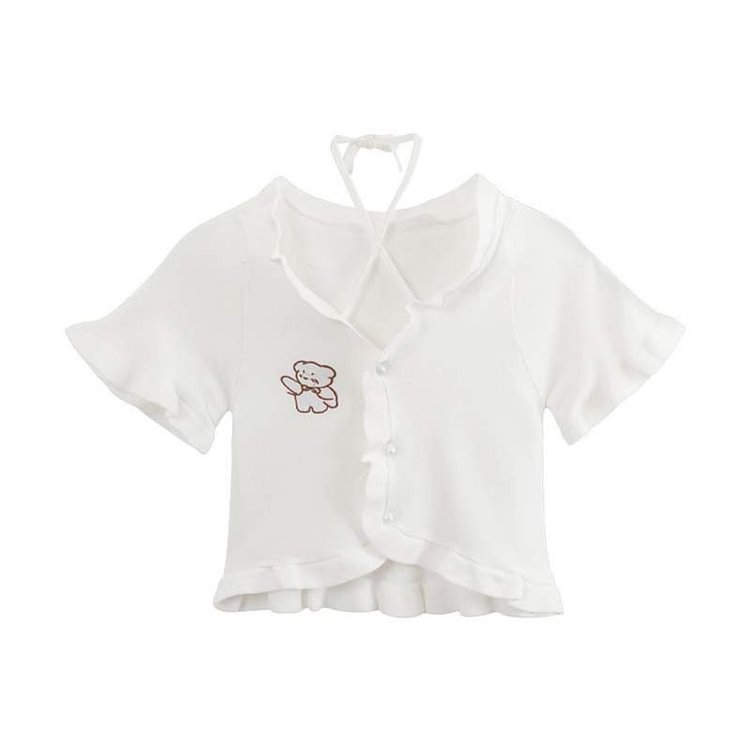 Cartoon Bear Embroidery Cardigan T-Shirt - Modakawa modakawa