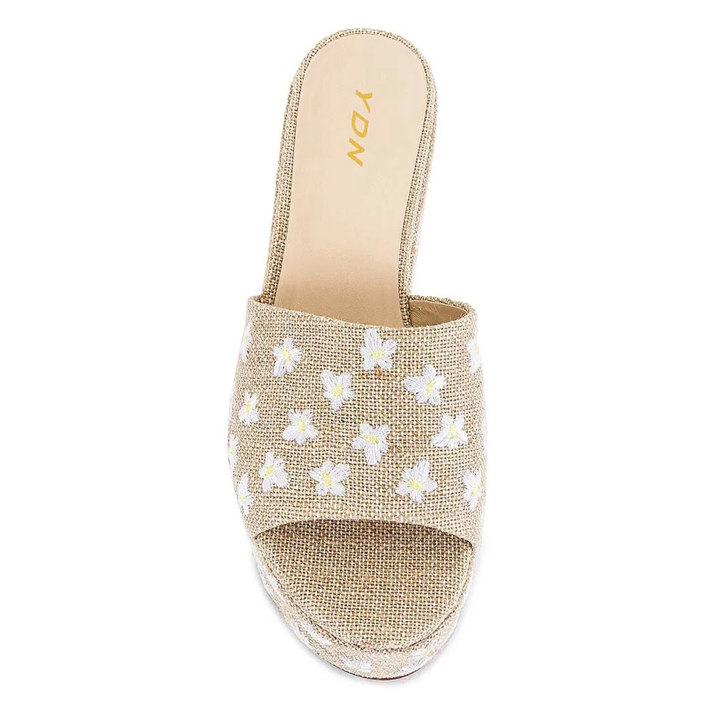 Beige Open Round Toe Flower Embroidery Platform Slide Sandals