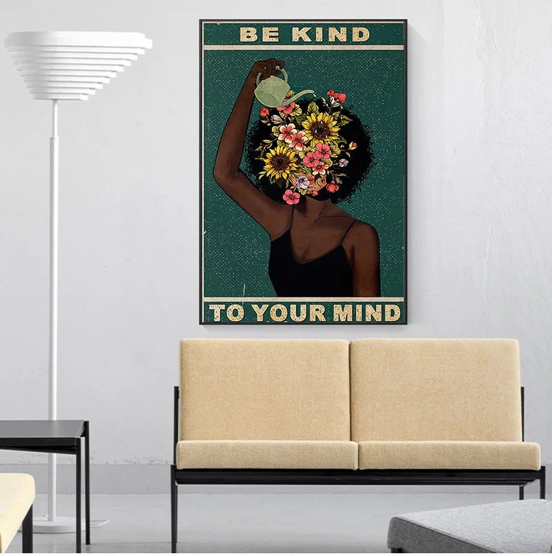 Black Girl Mental Health Poster Mental Be Kind To Your Mind Positive Art Prints African Woman Vintage Canvas Painting Home Decor