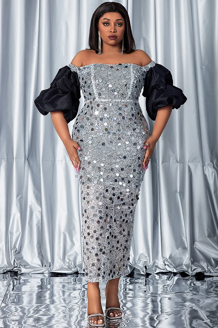 Xpluswear Design Plus Size Formal Maxi Dresses Elegant Silver Off The Shoulder Petal Sleeve Half Sleeve Sequin Maxi Dresses [Pre-Order]
