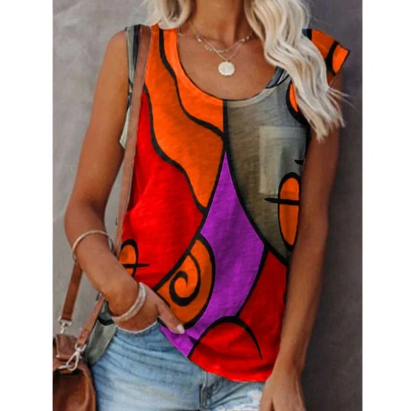 2021 New Women Sleeveless T-Shirt Summer O-Neck Stitching Printing Graphic Tee Shirts Female Fashion Plus Size Loose Tank Tops