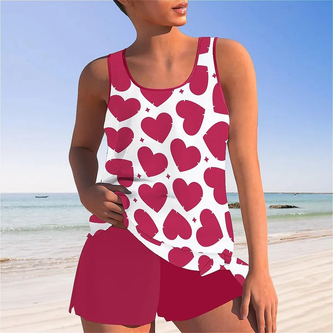 Bowknot Heart,Love,Valentine's Day Mid Waisted Tankini Set - Plus Size Available
