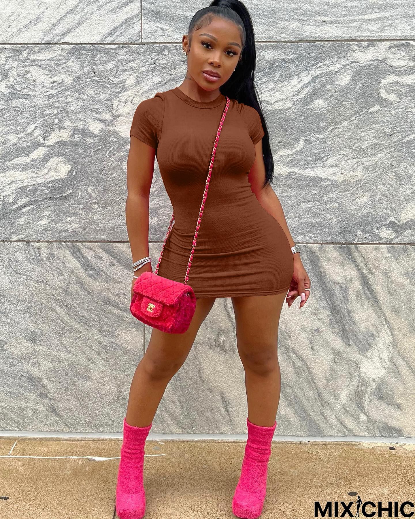 Sexy Tight Solid Color Package Hip Mini Dress