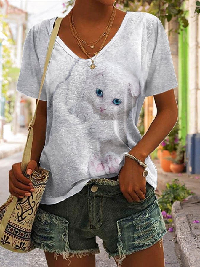 Cat Print Short-Sleeved T-Shirt