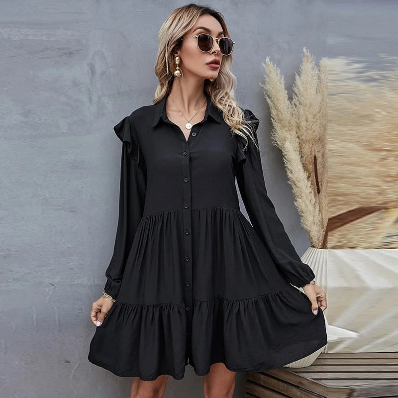 Aachoae Summer Autumn Women Black Dress Ruffles Long Sleeve Elegant Shirt Dress Loose Casual Pleated Mini Dress Sundress Robe