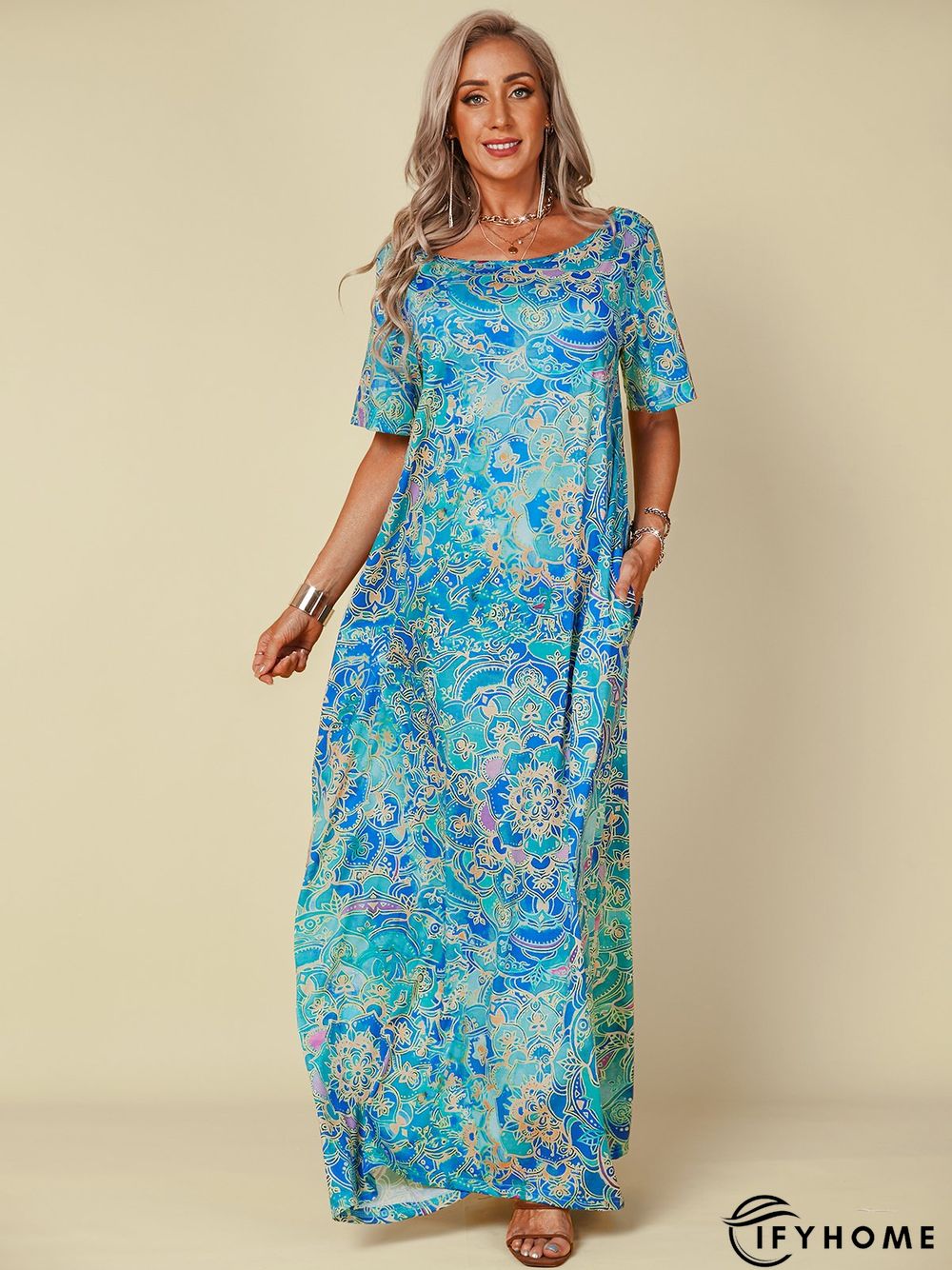 Short Sleeve Cotton-Blend Off-Shoulder Abstract Dresses | IFYHOME