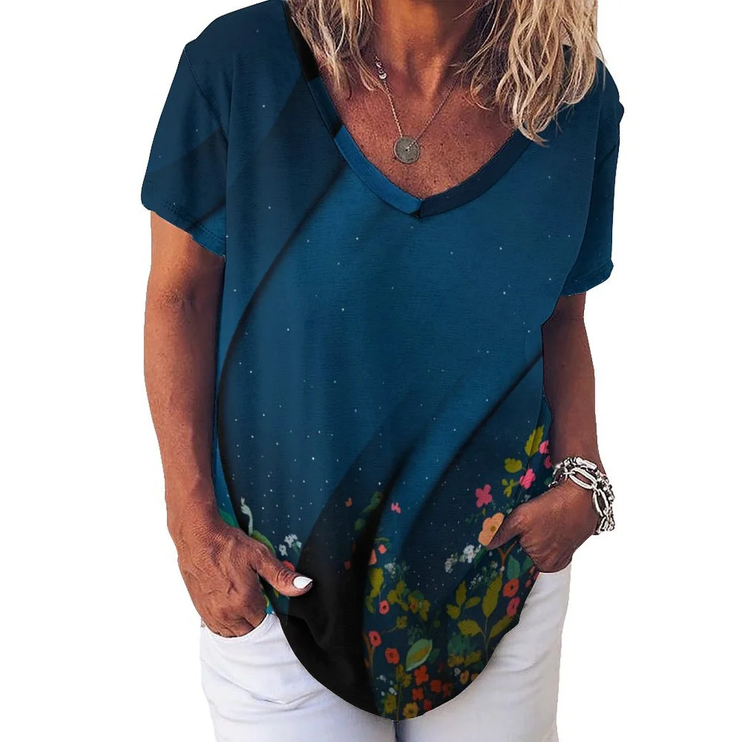V-neck Short Sleeve Casual T-shirt for  Women Printed with Pattern Floral, Dark Blue, Pink