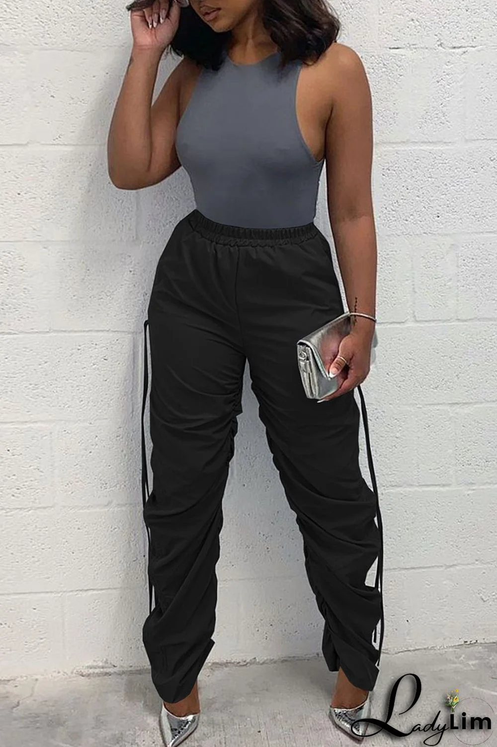 Green Casual Solid Patchwork Draw String Fold High Waist Pencil Solid Color Bottoms