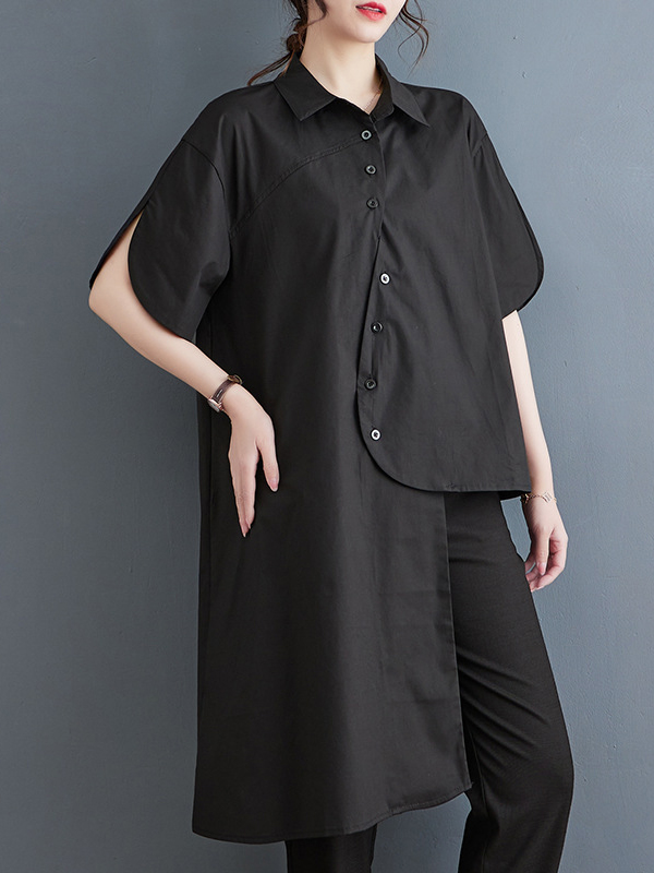 Solid Color Irregular clipping Lapel Shirts Tops BLACK-One_size