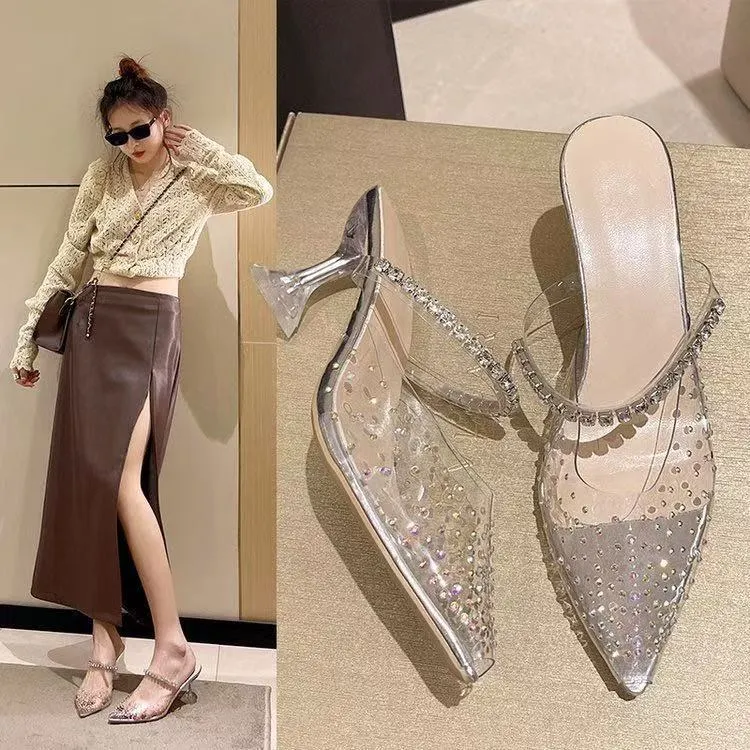 Breakj Breakj Summer Fashion Outside Wearing A Pointed Water Drill Side Buckle High Heels Fairy Style Transparent Word With Fine Slippers