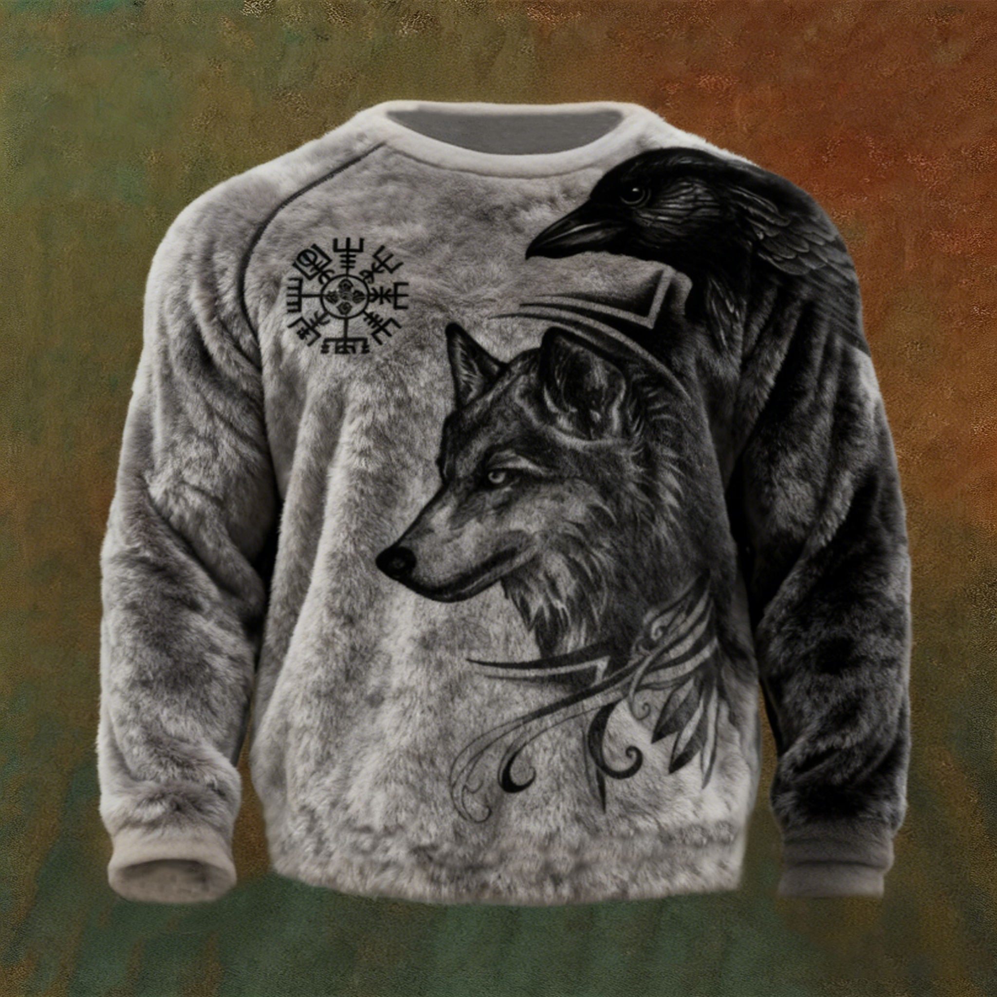 Men's Viking Crows & Wolves Art Cozy Flannel Hoodie elevenforest