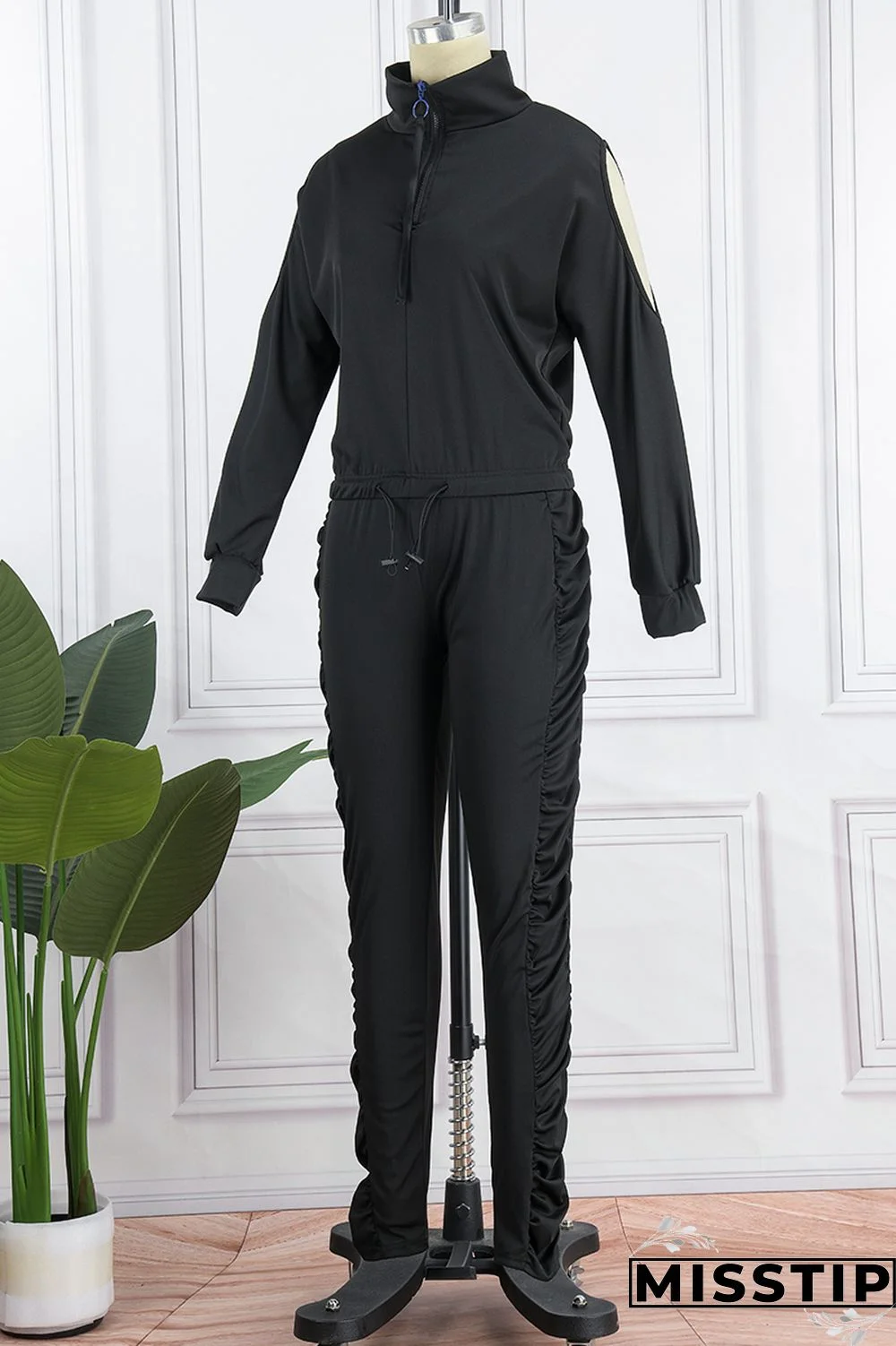 Pink Street Solid Hollowed Out Zipper Collar Long Sleeve Two Pieces