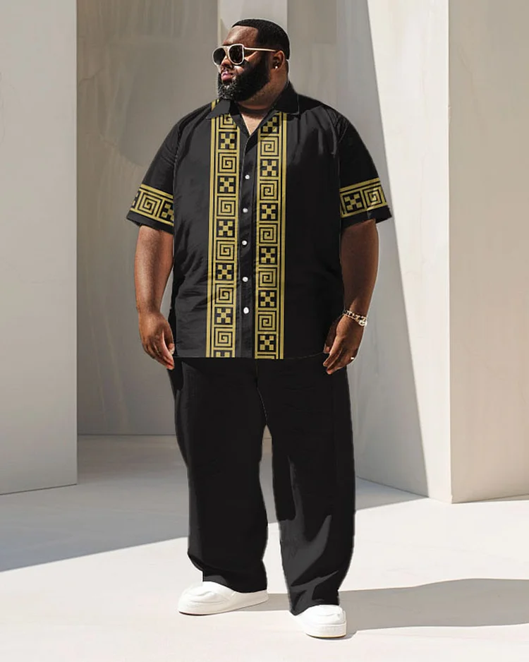 Men's Plus Size Business Greek Key Geometric Print Short Sleeve Shirt Suit