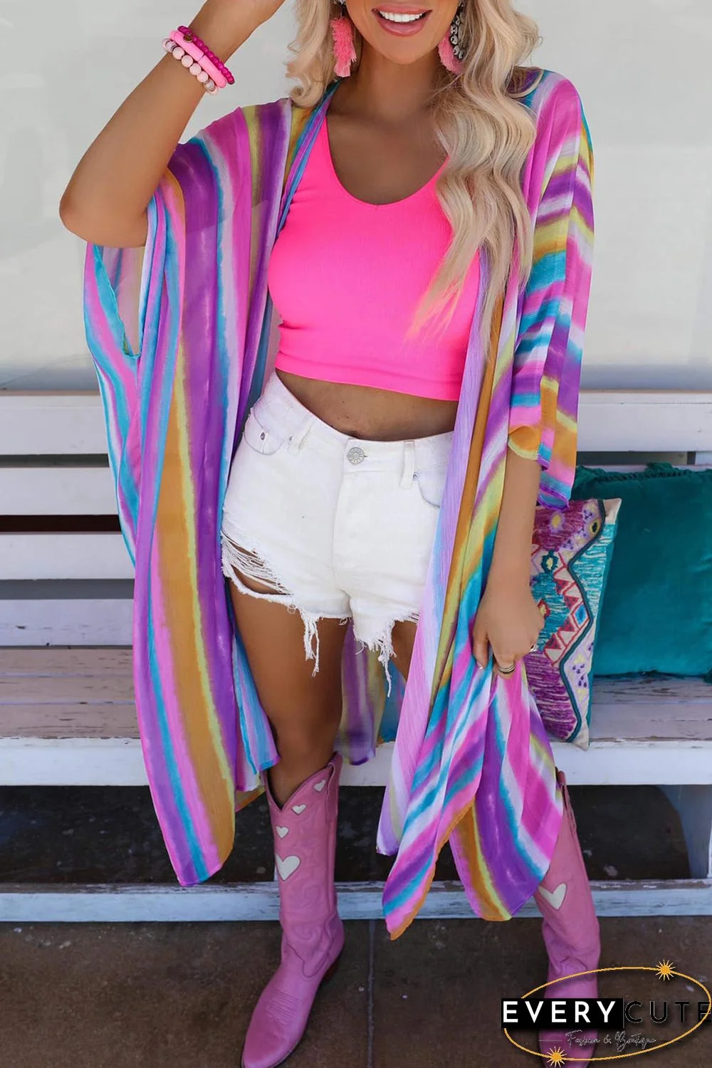Multicolor Striped Print Oversized Kimono