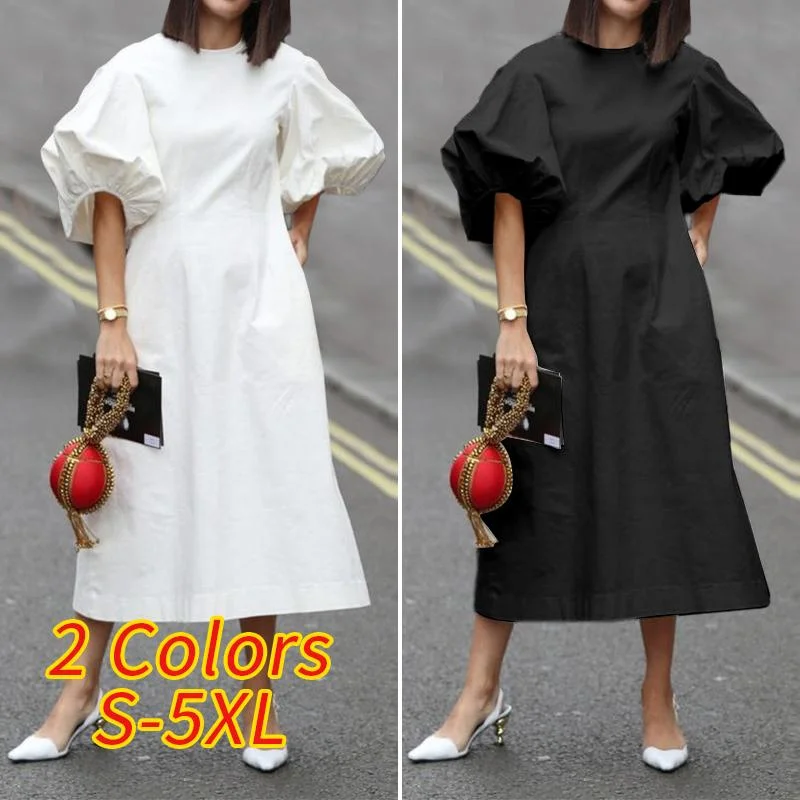 Mid-Calf Dress 2022 VONDA Woman Summer O Neck Short Lantern Sleeve Dresses Bohemian Party Vestidos Femme Mid-Calf Length Robes