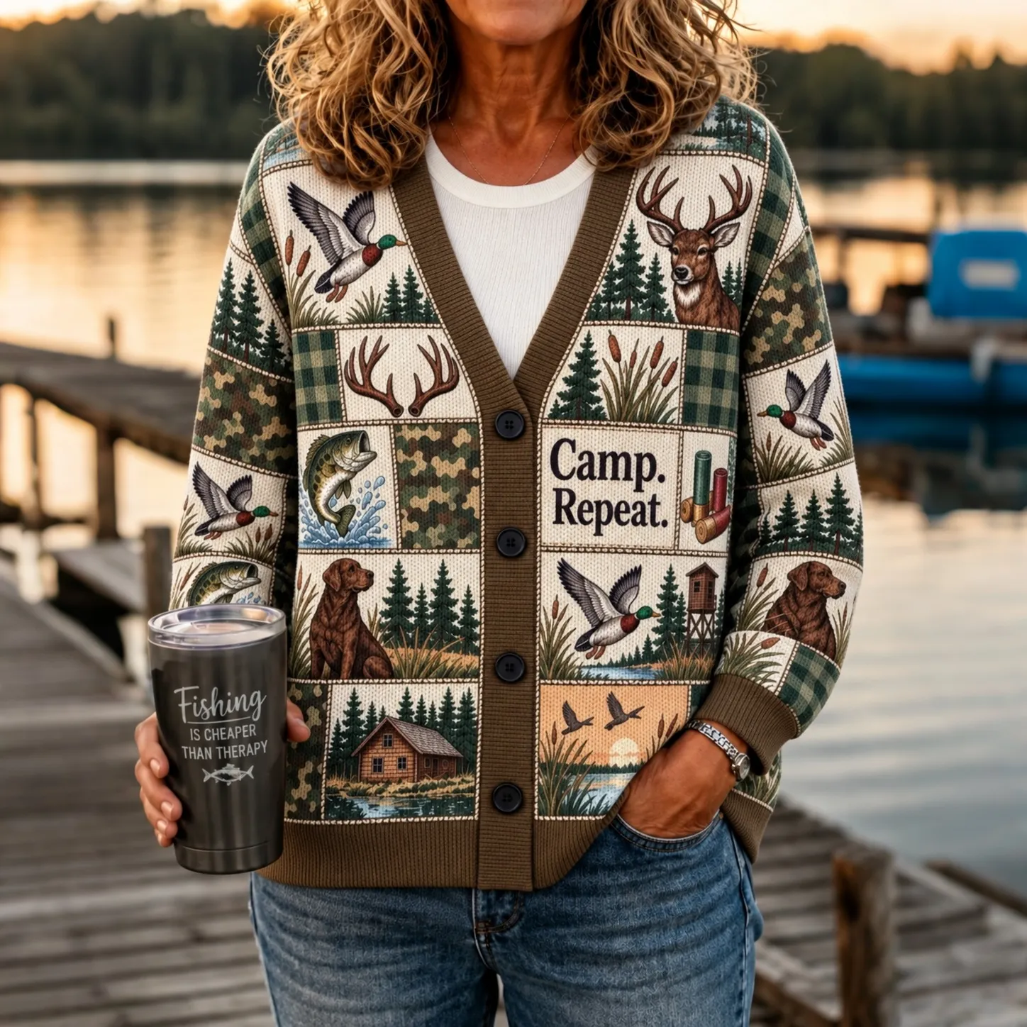 Comstylish Women's Outdoor Camping And Hunting Patchwork Print V-neck Knit Cardigan