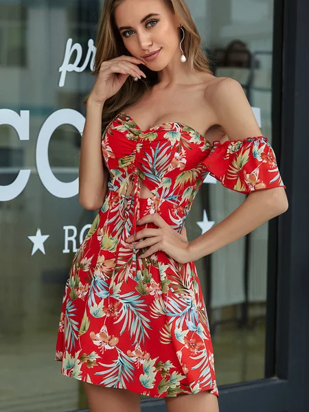 Tropical Floral Print Drawstring Peekaboo Bardot Beach Hot Dress