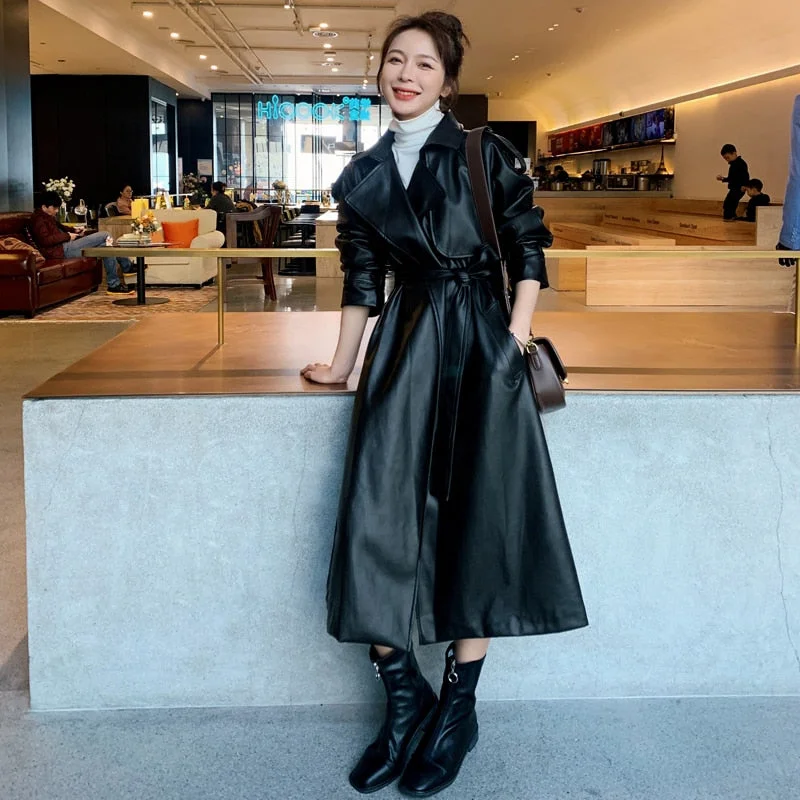 Fashion Brand New Women's Long PU Leather Trench Coat with Belt Lady Windbreaker Waterpoof Female Outerwear Spring Autumn Black