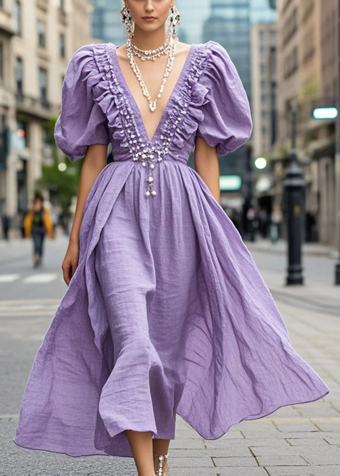 Bohemian Lavender Ruffled Nail Bead Cotton Dress Puff Sleeve