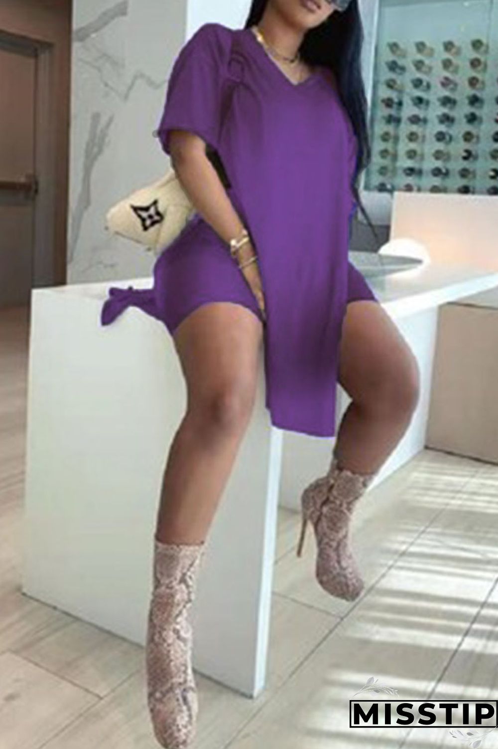 Rose Red Sweet Solid Slit V Neck Plus Size Two Pieces
