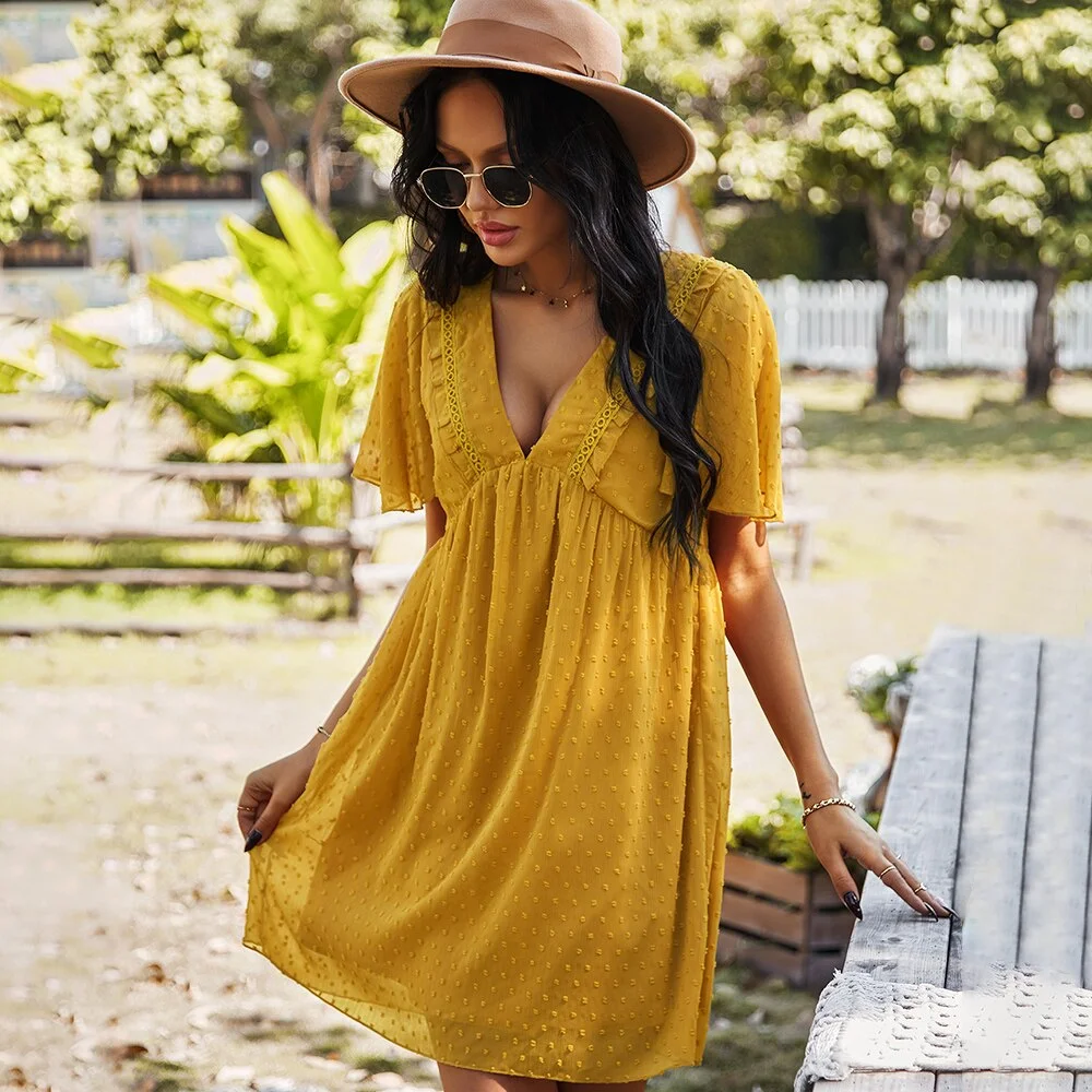 Boho Dress Women 2021 Summer Casual V-Neck A Line Drawstring Mini Party Dresses For Women Elegant Holiday Beach Dresses Clothing