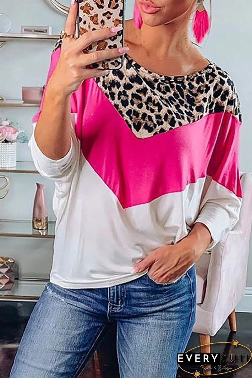 Leopard Rose White Splicing Blouse