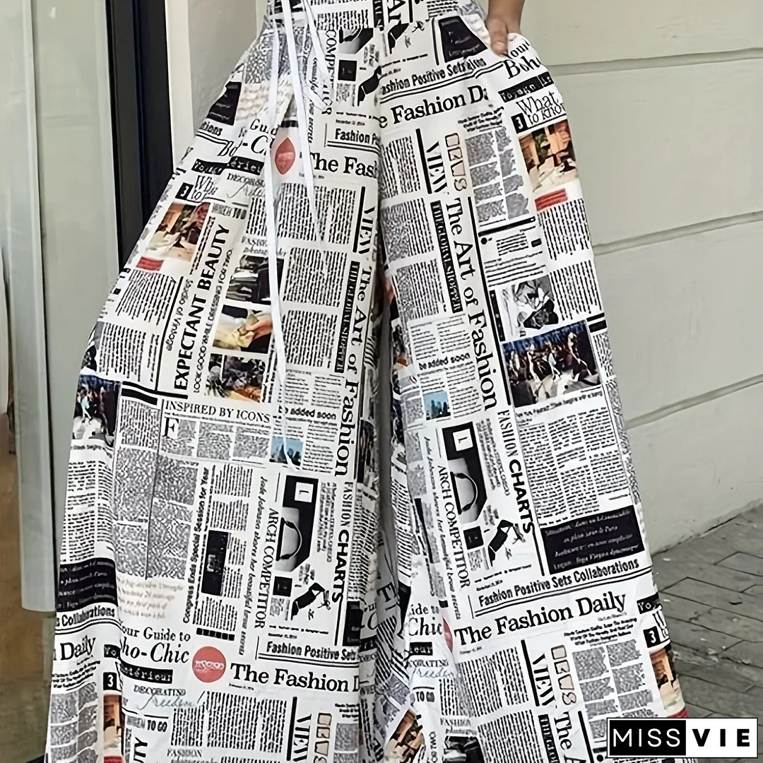 Plus Size Casual Pants, Women's Plus Newspaper Pattern Waist Band High Waist Wide Leg Loose Pants With Pockets
