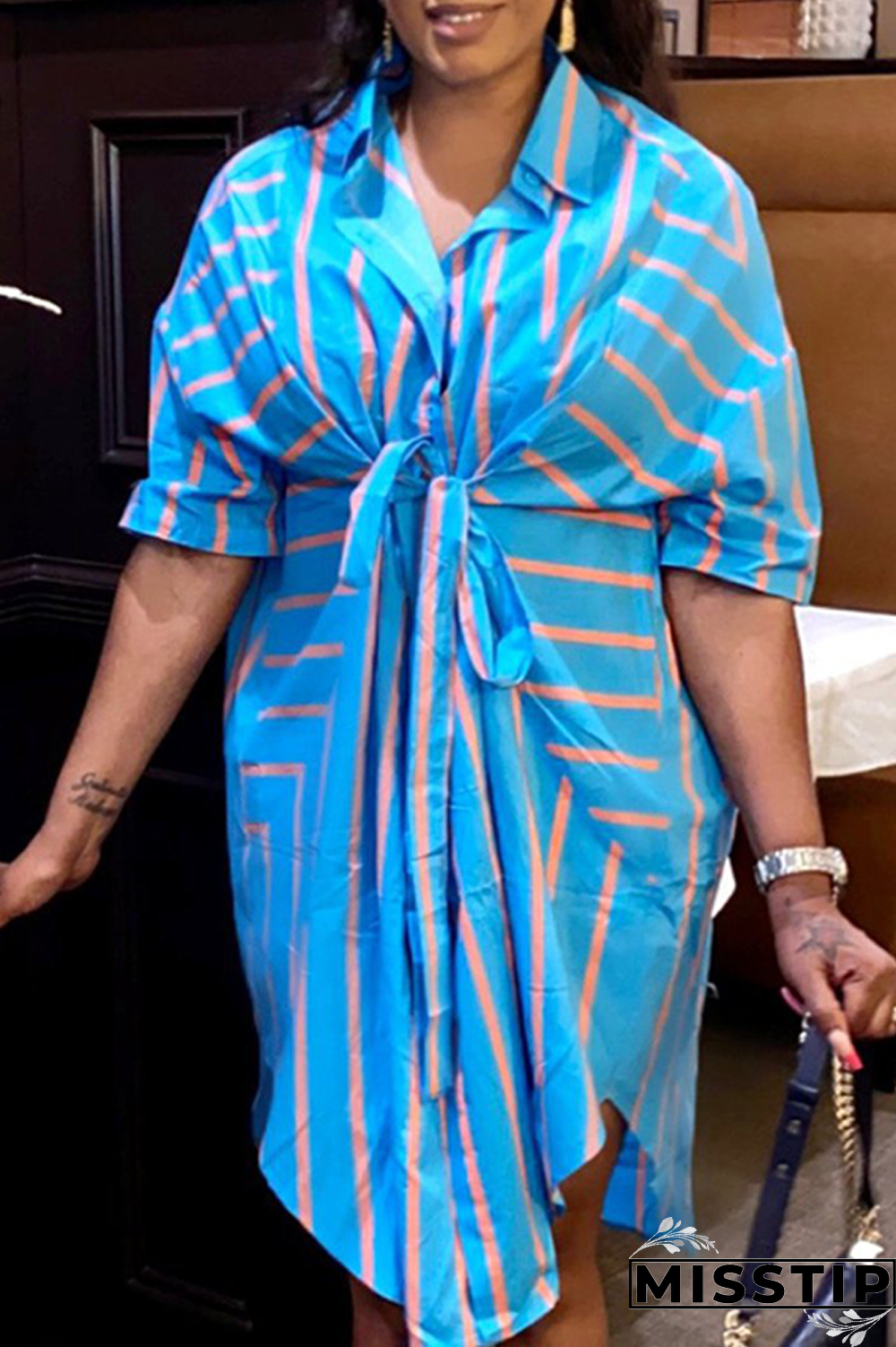 Blue Casual Striped Patchwork Turndown Collar Shirt Dress Dresses