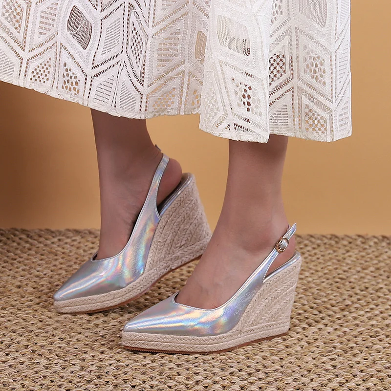 Wongn Wongn Wedge Heel Pointed Head Thick Bottom High Heel Head Drag Single Shoes Women's Straw Hemp Rope Bottom