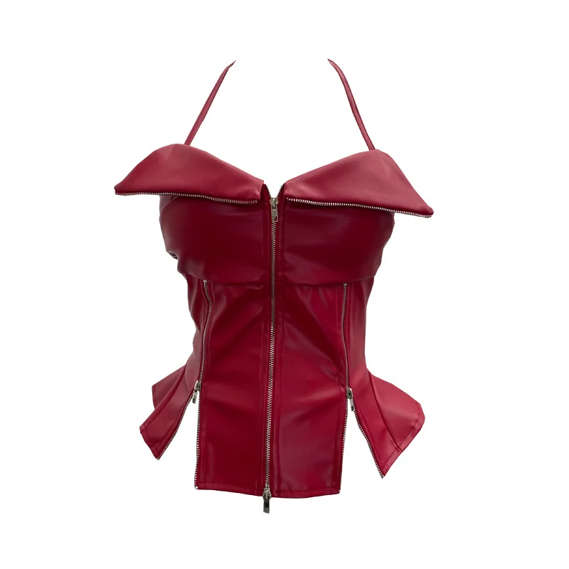 Nigikala Nigikala Shoot Hottie Hanging Neck Zipper Open Fork Sling Vest Pu Skin Bra Repair Short Sleeveless Top 8112