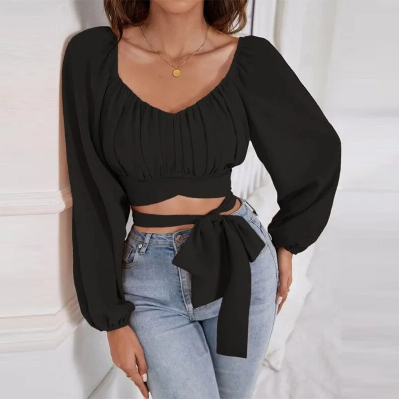 Back To School Outfit  Sexy Pleated Long Sleeve Bandage Hollow Out Tops Women Elegant Solid Color Blusas Temperament Square Collar Blouses Shirts