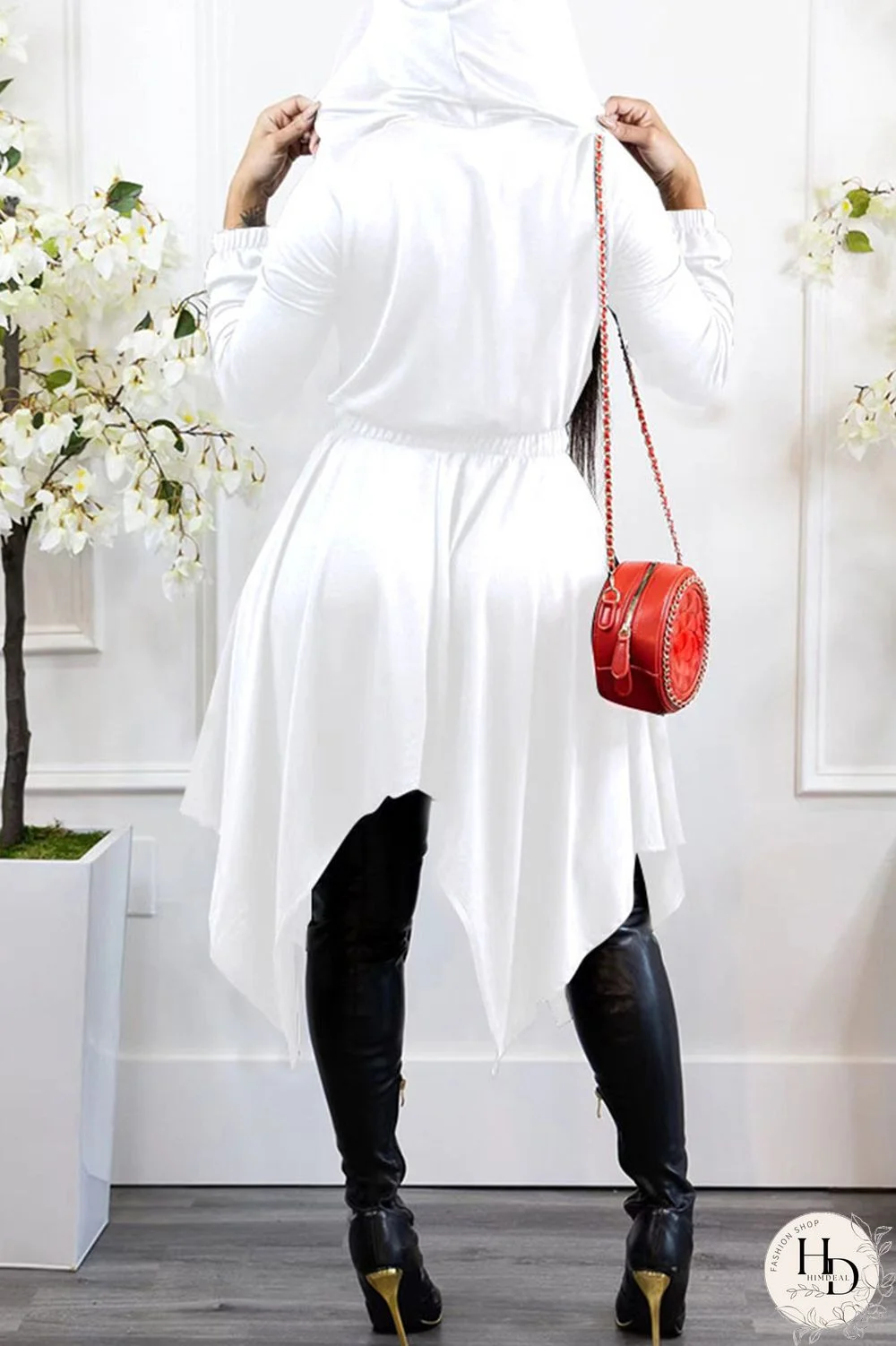 Black Casual Solid Split Joint Asymmetrical Zipper Hooded Collar Irregular Dress Dresses