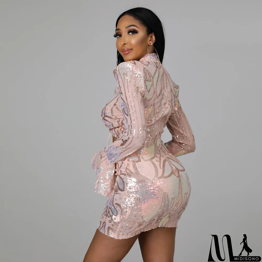 MidiSono - Sequin Lining Waist Hollow Sexy Nightclub Dress
