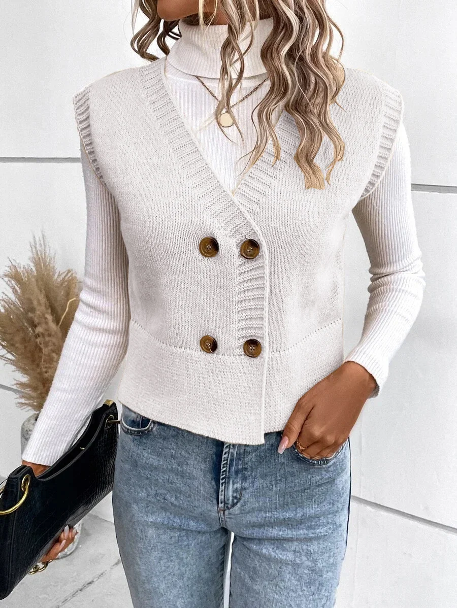 Wongn Wongn Knit Vest V-Neck Button Casual Sweater Double Breasted Women's Cardigan