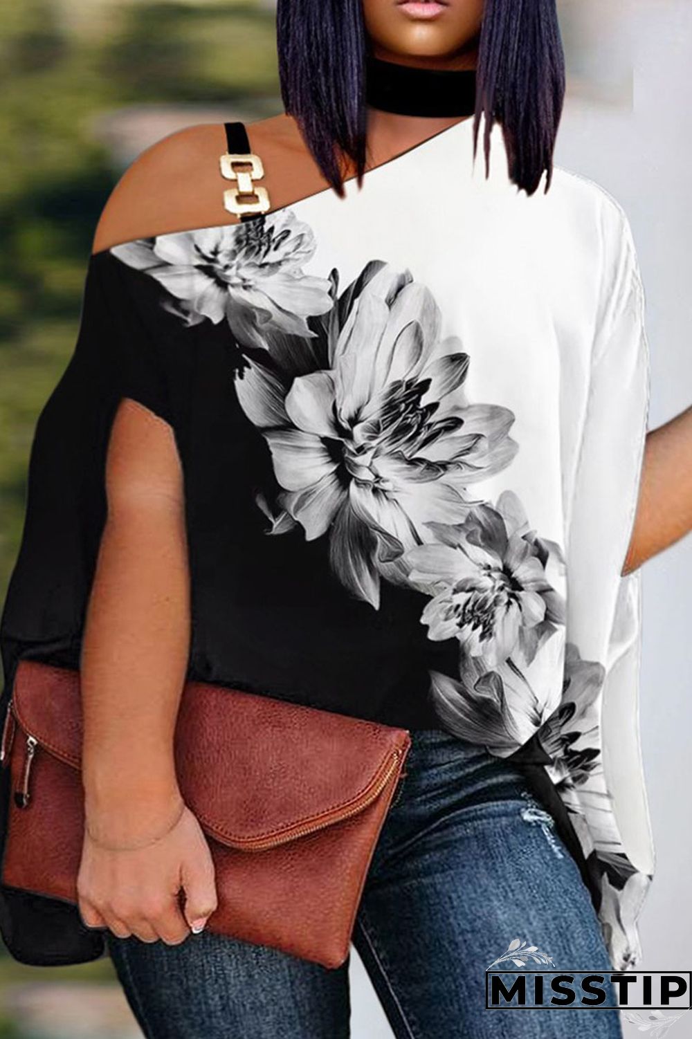 Gradient Color Casual Print Patchwork Asymmetrical Collar Plus Size Tops