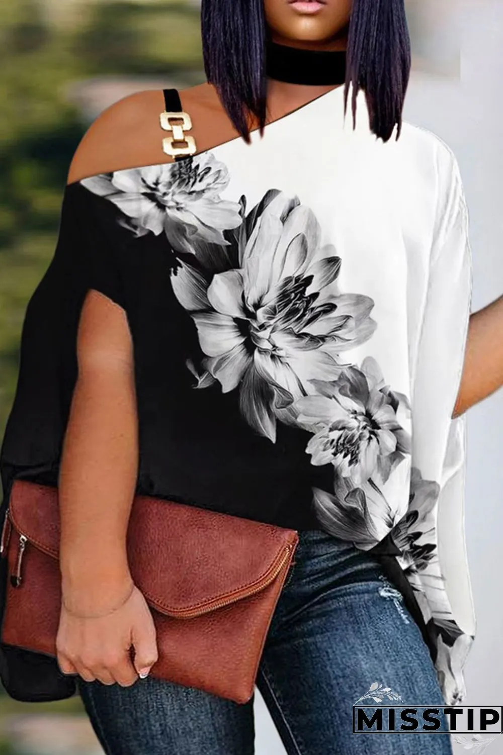 Gradient Color Casual Print Patchwork Asymmetrical Collar Plus Size Tops