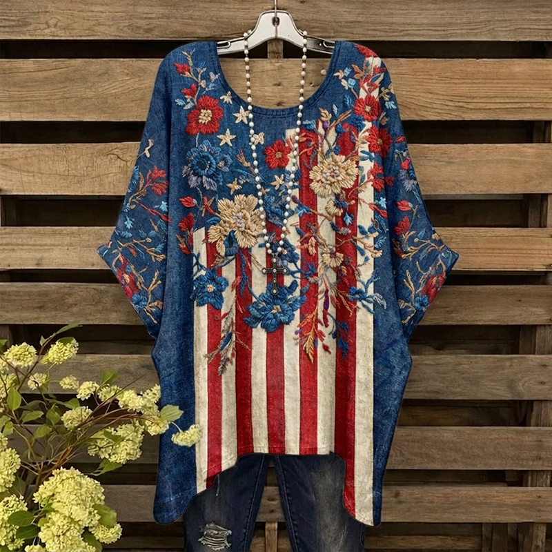Comstylish Women's Floral Flag Stripe Art Print Casual Linen T-shirt