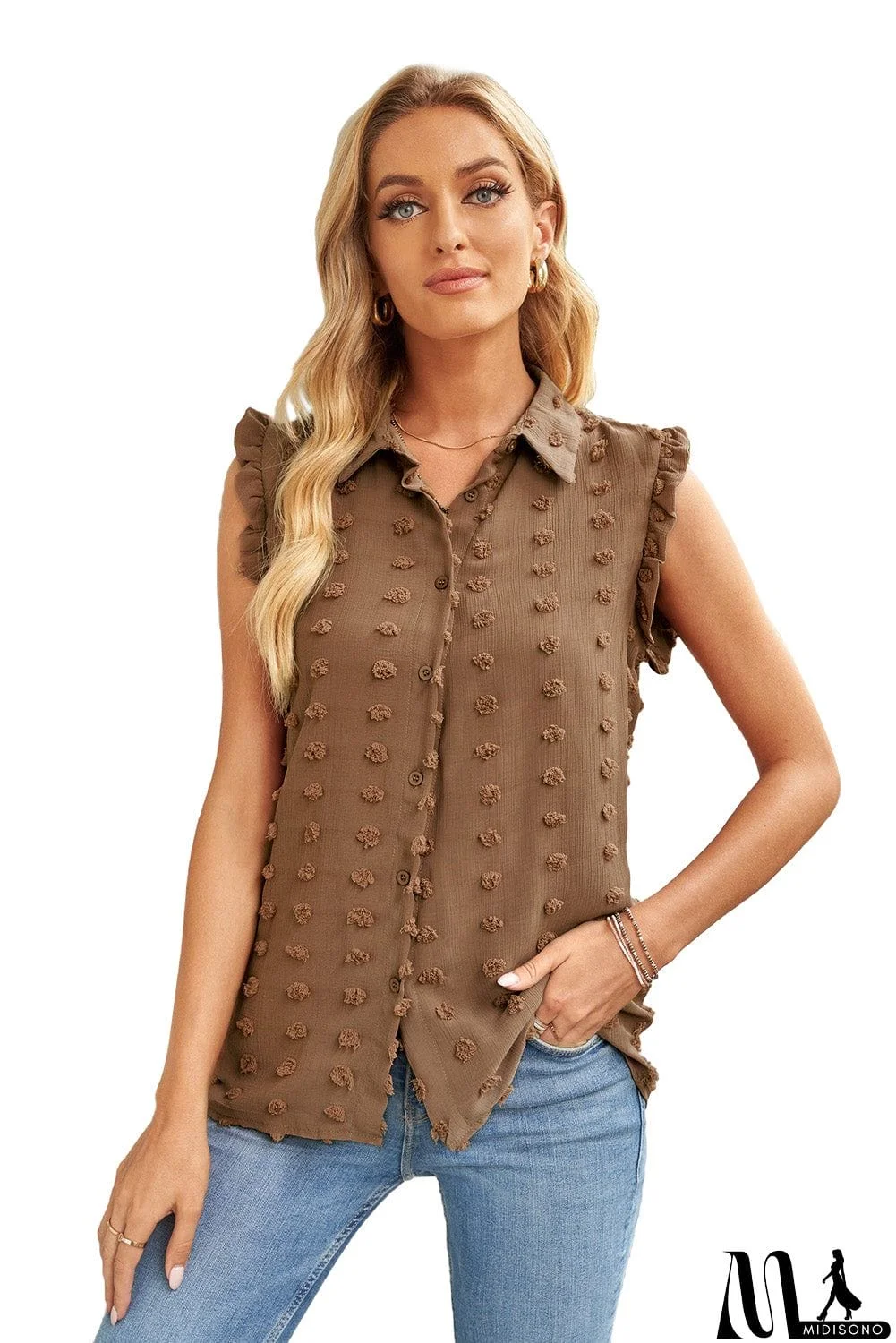 MidiSono - Turn-down Collar Ruffle Polka Dot Tank