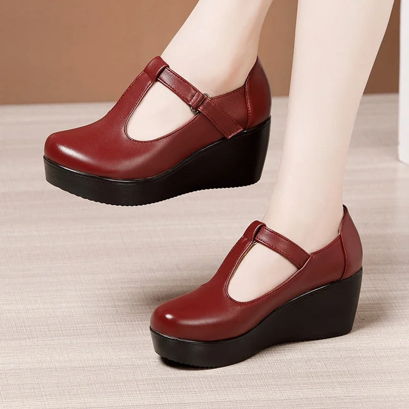 GKTINOO Plus Size 32-43 T Strap Leather Wedges Shoes for Women 2022 High Heels Shoes Ladies Platform Shoes Mother Dance Shoe
