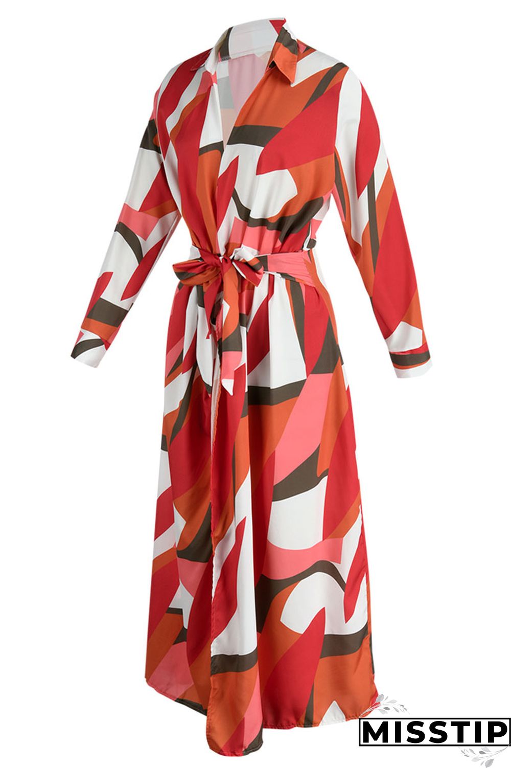 Tangerine Red Casual Print Bandage Patchwork Turndown Collar Long Sleeve Dresses