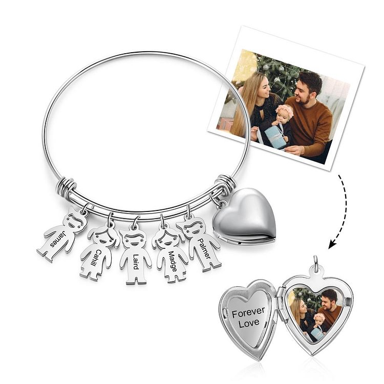 Personalized Bracelets with Heart Photo locket 5 Children Charms Engraved Names