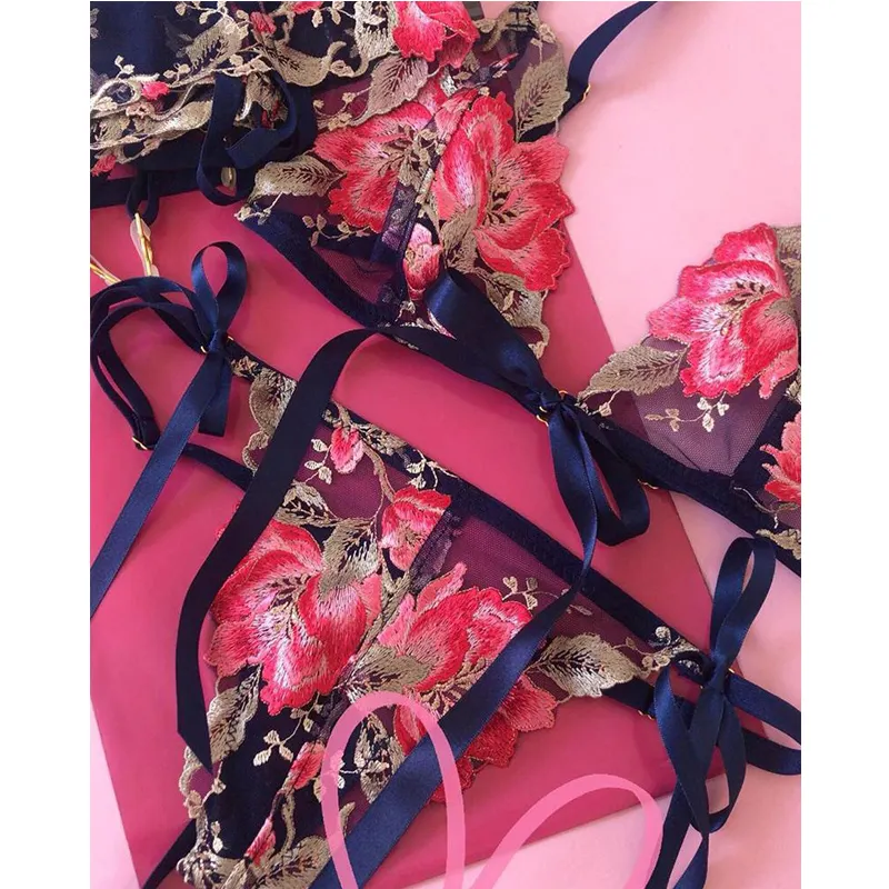 Billionm Porno Women Sexy Lingerie Embroidery Lace Bralette Bra Set Underwear Backless See-through Nightwear Exotic Apparel