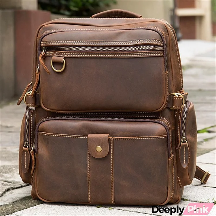 Retro Leather Large-Capacity Computer Bag Adjustable Shoulder Strap Design Travel Backpack