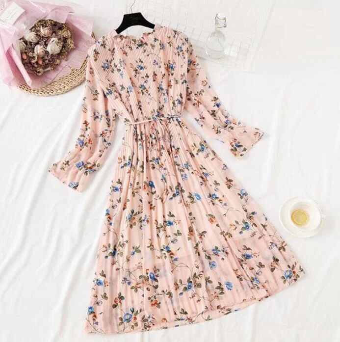 2020 Elegant Women Print Chiffon Dress Long sleeve Lotus leaf collar Pleated Dress Female Casual Midi Dresses vestidos mujer