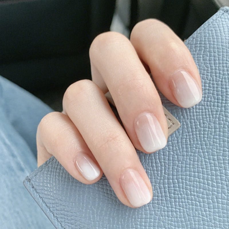 24pcs/boxed White Gradient Square Head acrylic press on nails Solid Color short artificial nails with glue for girls DIYnail art