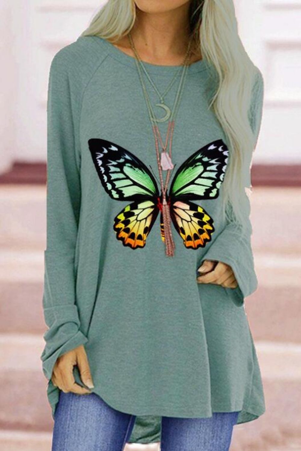 2021 Autumn Top Women O-Neck Colorful Butterfly Printing Long Sleeve T-shirt Street Fashion Hip Hop Casual Loose T-shirt