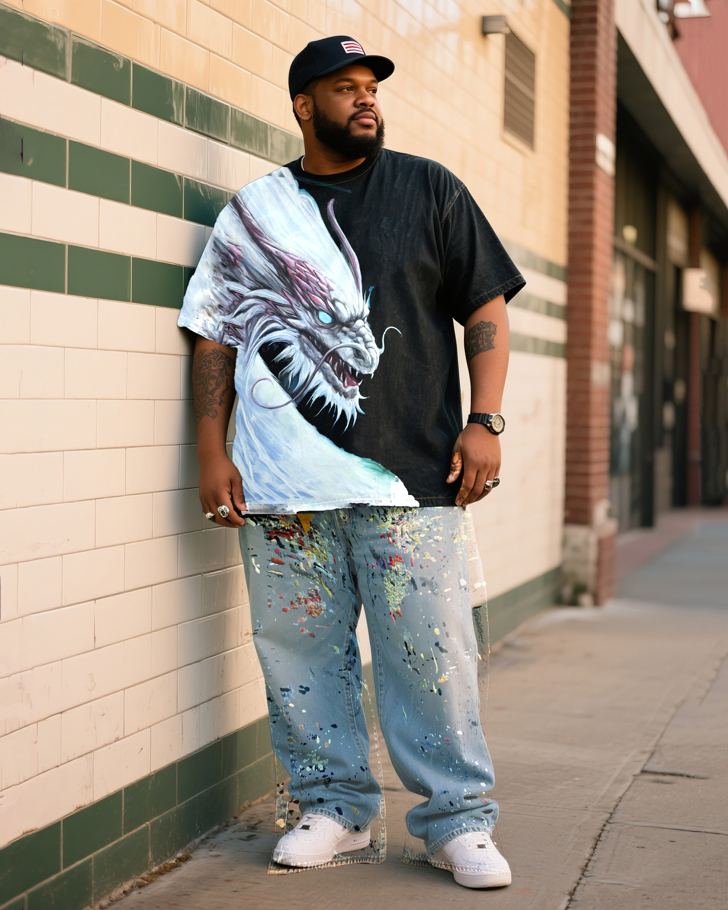 Plus Size Men's Dragon King Printed T-Shirt Splash Ink Pants Denim Suit